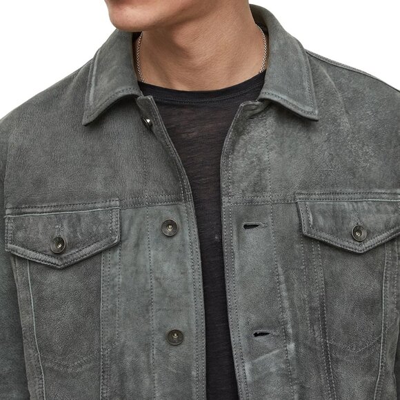 John Varvatos Men's Andrew Trucker Jacket Distressed Sheepskin Leather Seal Grey - Picture 5 of 8
